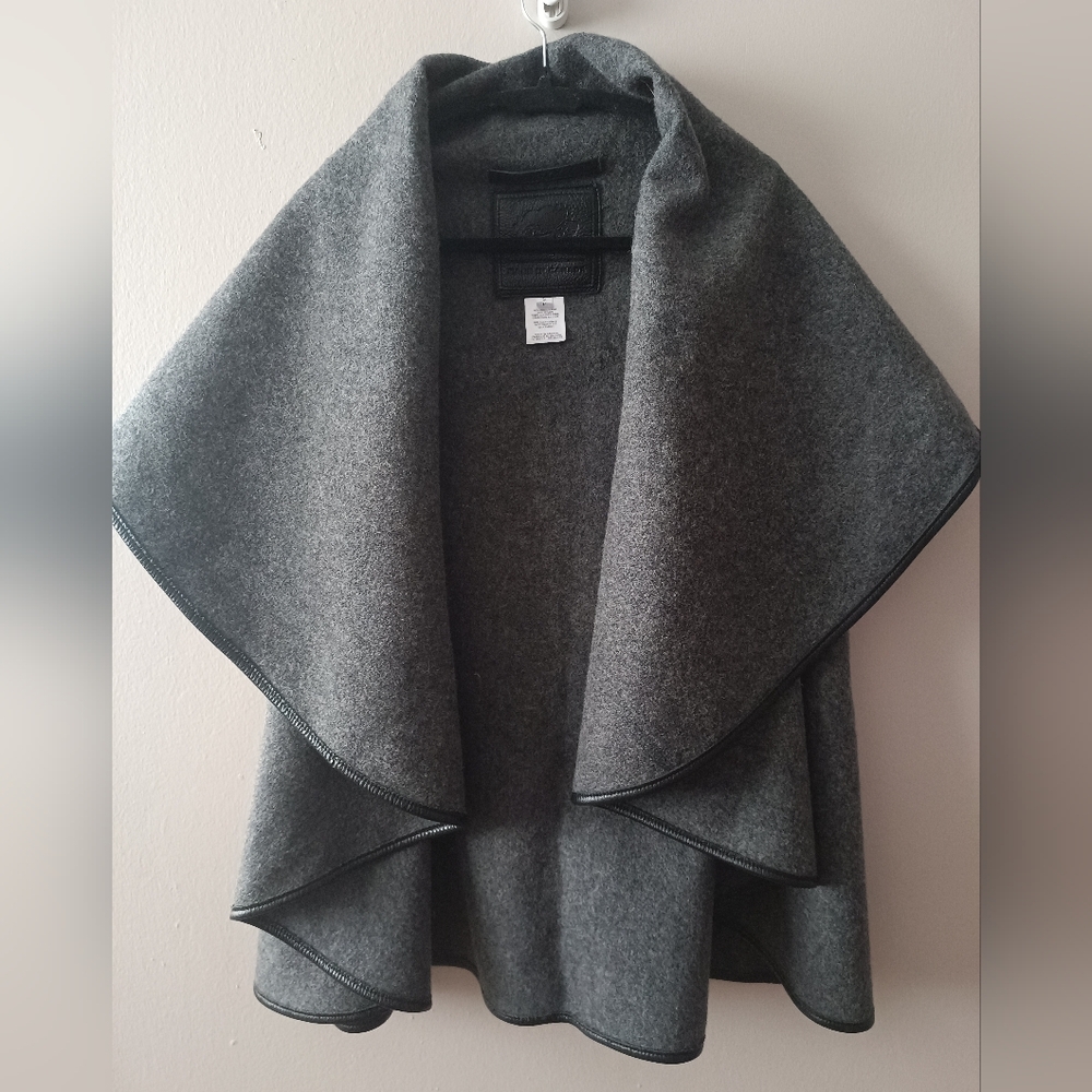 Roots Boiled Wool Sculptural Vest Gray Sleeveless Jacket Leather Trim Layering S